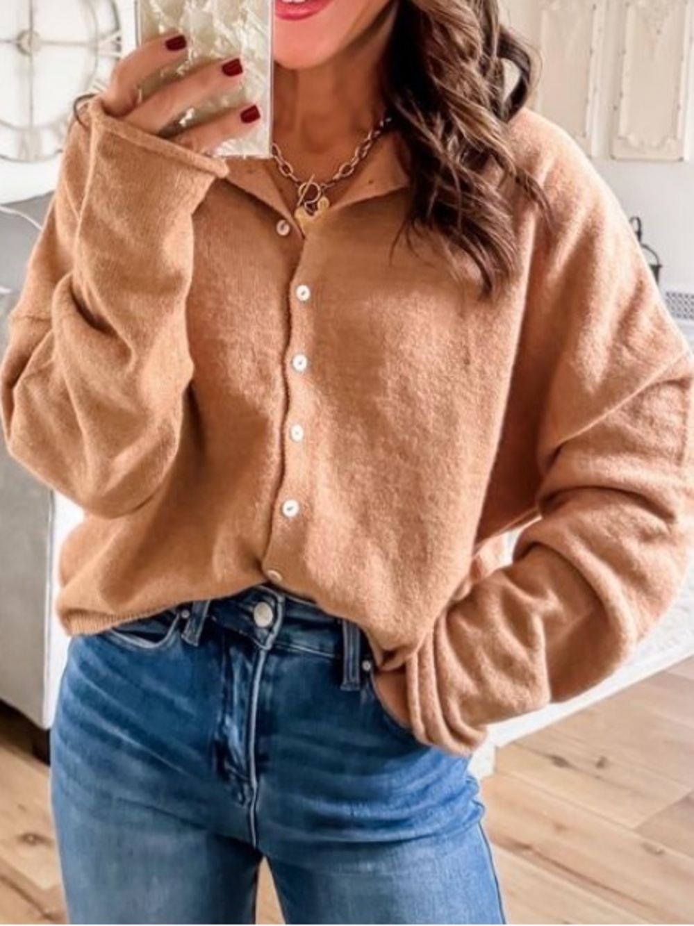 Tan Button-Front Knit Top - Women's Casual Pullover🚌